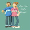First Class foster parents, an Erica Sturla/Holy Mackerel 15cm square greetings card for a foster mum and dad, suitable for anniversaries, congratulations, thank you etc. Blank inside for your message
