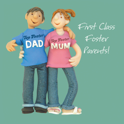 First Class foster parents, an Erica Sturla/Holy Mackerel 15cm square greetings card for a foster mum and dad, suitable for anniversaries, congratulations, thank you etc. Blank inside for your message