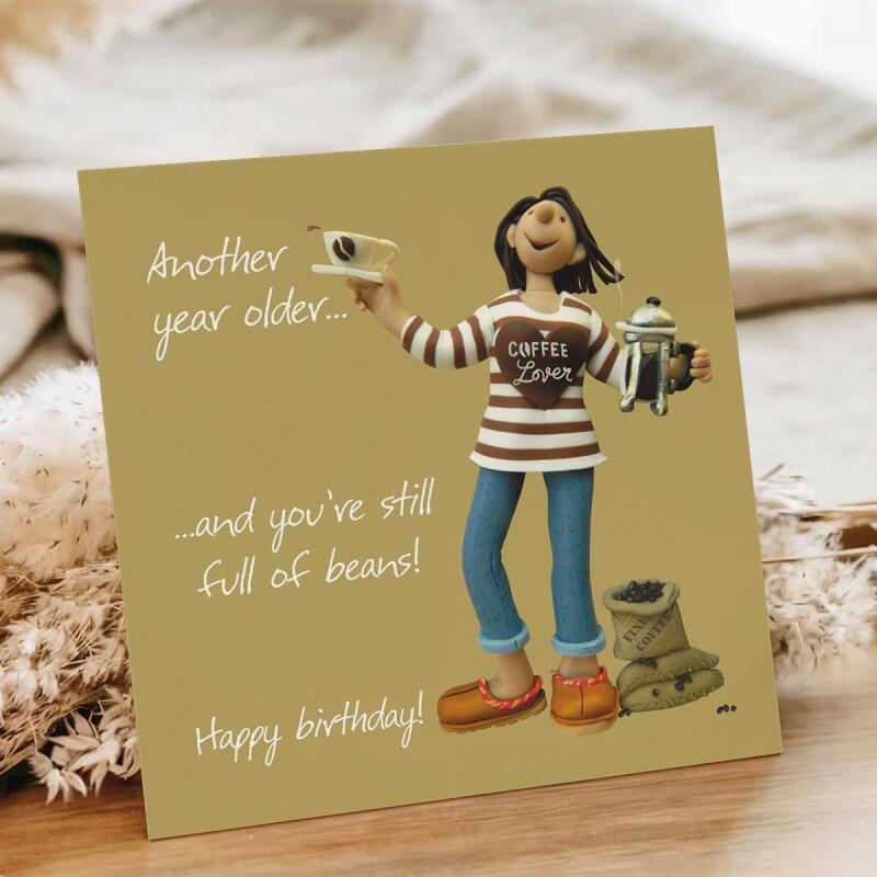 Funny Coffee Lover Birthday Card - Barista Gift - Caffeine Addict Birthday greetings - Full of Beans Card For Her
