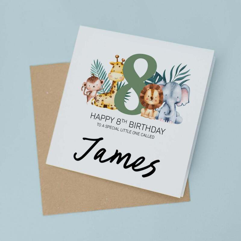 Personalised 8th Birthday Children's Card Jungle Themed Eighth Birthday Card For Boy or Girl Eight Years Custom Card - Square (5.5x5.5) / Blank Inside