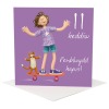 Welsh 11th Birthday Card for Girl - Penblwydd Hapus - Skateboard Cat Art Card by Erica Sturla - Welsh Language Card UK