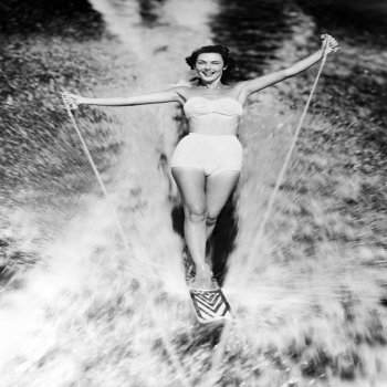 Holy Mackerel aquaplane performer retro black and white photographic card featuring a vintage image of a woman waterskiing - 12.6 x 17.7cm and blank inside