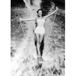 Holy Mackerel aquaplane performer retro black and white photographic card featuring a vintage image of a woman waterskiing - 12.6 x 17.7cm and blank inside