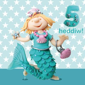Holy Mackerel 5 Heddiw (five today) girl's Welsh 5th birthday card featuring a mermaid outfit - designed by artist Erica Sturla - 15cm square and blank inside for your message - made in the UK