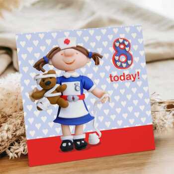 Birthday girl age 8 in a nurses outfit - child's age birthday - designed by Erica Sturla - 15cm square and blank inside, made in the UK