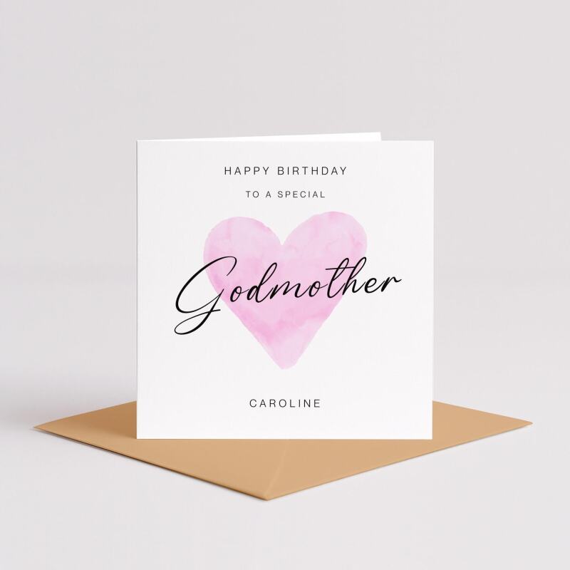 Godmother Birthday Card &ndash; Personalised Name &ndash; Pink Watercolour Heart &ndash; Handmade Greeting Card UK - Smooth No Message - Kraft Brown