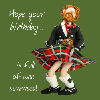 Holy Mackerel wee surprises cheeky Scottish kilt birthday card for him or her - designed by artist Erica Sturla - 15cm square and blank inside for your message - made in the UK
