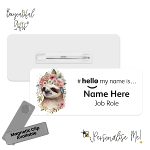 Name Badge - Cute Pink Floral Animals Hello My Name is... - Sloth