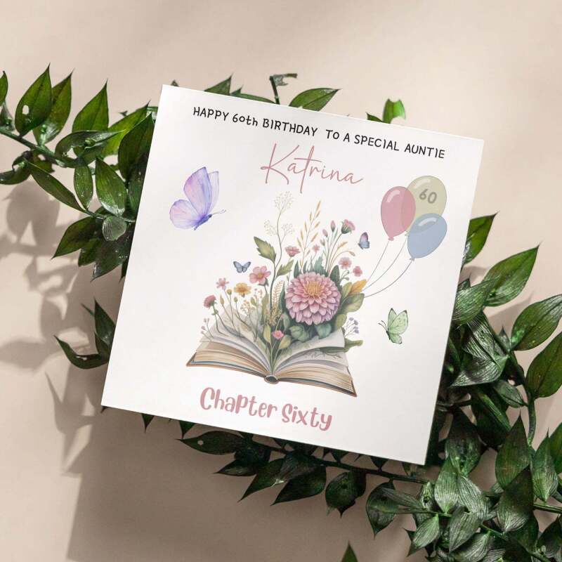 Personalised 60th Birthday Card for Auntie - Floral Book Design with Butterflies & Balloons - Smooth No Message - Custom Add to Notes