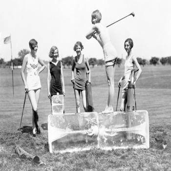 Holy Mackerel iced tee retro black and white photographic card featuring a vintage image of teeing off for golf from a block of ice - 12.6 x 17.7cm and blank inside