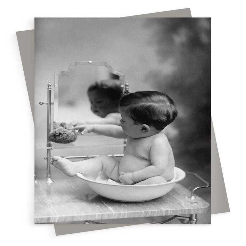 Bathtime, black and white vintage photographic card featuring a baby having a bath - 12.6 x 17.7cm and blank inside - made in the UK