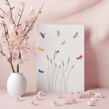 Dragonflies & grass greeting card -  designed by Eloise Hall - 15.7 x 11cm and blank inside, made in the UK