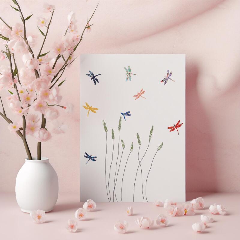 Dragonflies & grass greeting card -  designed by Eloise Hall - 15.7 x 11cm and blank inside, made in the UK