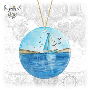 Ceramic Hanging Decoration - Watercolour Sailing Boat with Birds