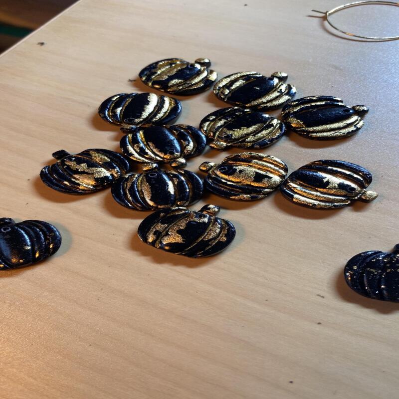 Gold Leaf Pumpkin Earrings, Black Polymer Clay Hoop Earrings
