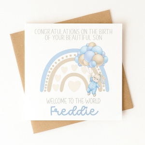 Personalised New Baby Card - Welcome to the World Blue Bunny Rainbow