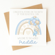 Personalised New Baby Card - Welcome to the World Blue Bunny Rainbow - Standard Smooth Card
