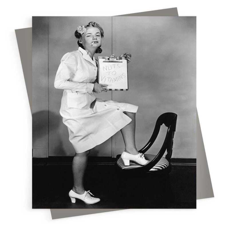 Nuts to vitamins, vintage photographic card featuring funny nurse with vitamins  - 12.6 x 17.7cm and blank inside - made in the UK