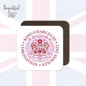 King Charles III Coronation Day May 2023 Official Emblem Wooden Coaster - Red
