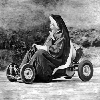 Holy Mackerel petrolhead retro black and white photographic card featuring a vintage image of a nun on a go-kart - 12.6 x 17.7cm and blank inside
