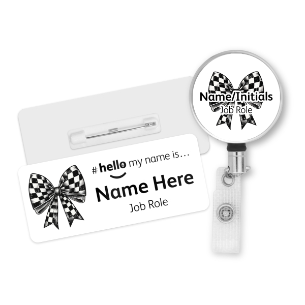 #hello my name is... Name Badge & Metal ID Reel - Retro Checkered Coquette Bow Ribbon