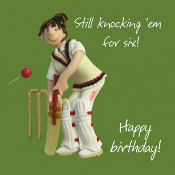 Holy Mackerel Cricket birthday - female, a sports themed Erica Sturla 15cm square birthday card for mum, aunt, daughter, sister, niece, friend, blank inside for your message.