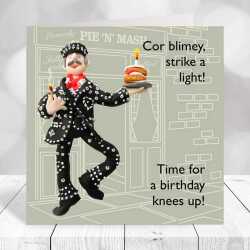 Pearly King themed birthday card - designed by Erica Sturla - 15cm square and blank inside, made in the UK