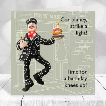 Pearly King themed birthday card - designed by Erica Sturla - 15cm square and blank inside, made in the UK