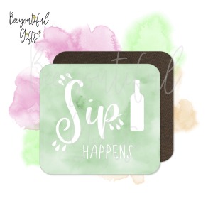 Quirky Wine Quote Watercolour - Wooden Coaster - Sip Happens