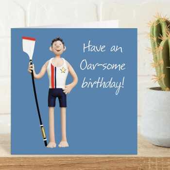 Rowing themed oarsome birthday card for him - designed by Erica Sturla - 15cm square and blank inside, made in the UK