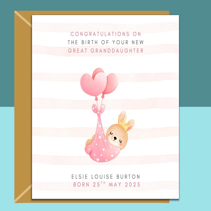 Your New Great-Granddaughter Congratulations Baby Card - Personalised - Perfect for new great grandma, great granddad, great grandparents. - Blank inside - Regular - Matte