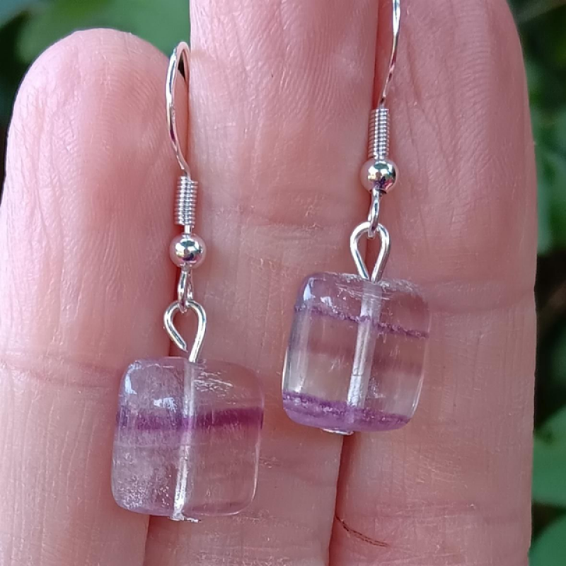 Fluorite Crystal Square Bead Sterling Silver Earrings