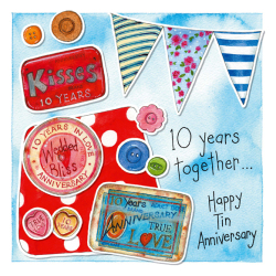 10 years together Tin 10th Anniversary 150mm square greetings card by artist Kate Brazier