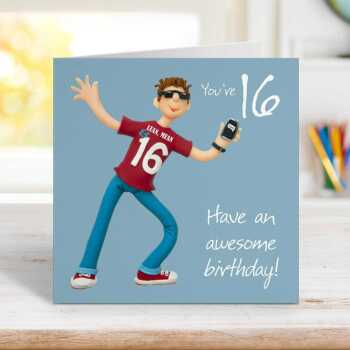 16th birthday card for him - designed by Erica Sturla - 15cm square and blank inside, made in the UK