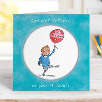 A level congratulations card for a boy - designed by Rosie Brooks - 15cm square and blank inside, made in the UK