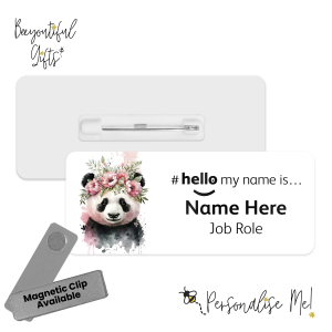 Name Badge - Cute Pink Floral Animals Hello My Name is... - Panda