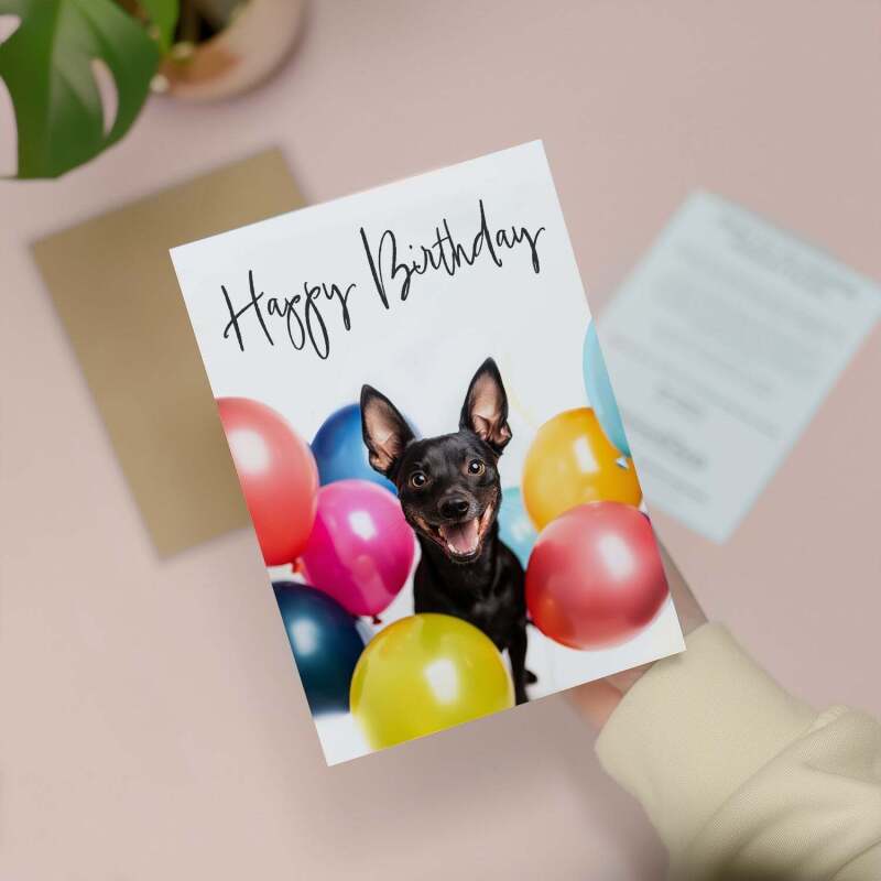 Fun Birthday Card Featuring A Cute Dog and Colourful Birthday Balloons For Boys Or Girls Him Or Her - Portrait (5x7) / Blank Inside