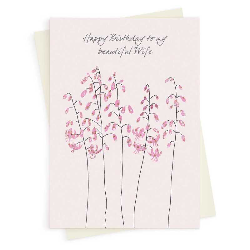 Lilies wife birthday card -  designed by Eloise Hall for Holy Mackerel - 15.7 x 11cm and blank inside, made in the UK