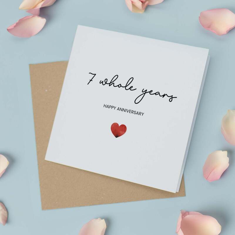 7th Anniversary Card For Wife, Husband, Girlfriend or Boyfriend, Simple Love Heart, Modern & Charming Gesture - Square (5.5x5.5) / Blank Inside