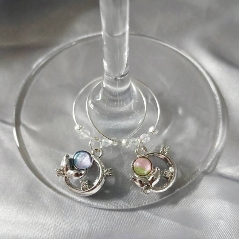 Wine Glass Charms Mermaids in the Moonlight - Silver Tone