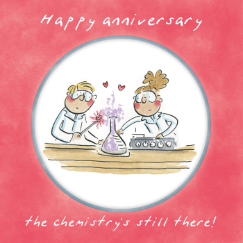Holy Mackerel Chemistry, a 15cm square anniversary card featuring Rosie Brooks artwork, blank inside for your message. Wedding anniversary card for him, her, husband, wife, couple.