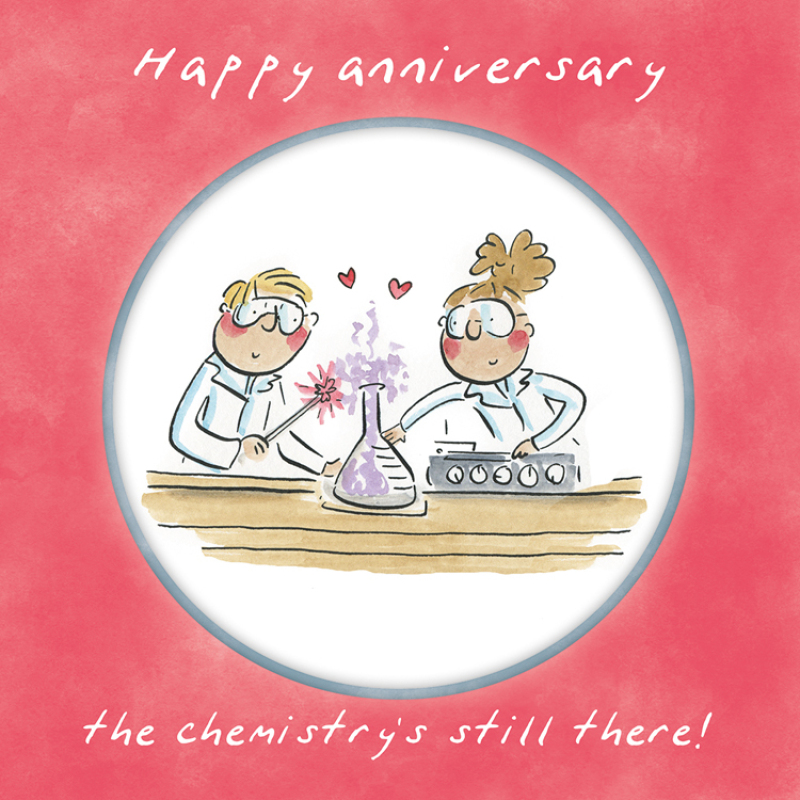 Holy Mackerel Chemistry, a 15cm square anniversary card featuring Rosie Brooks artwork, blank inside for your message. Wedding anniversary card for him, her, husband, wife, couple.