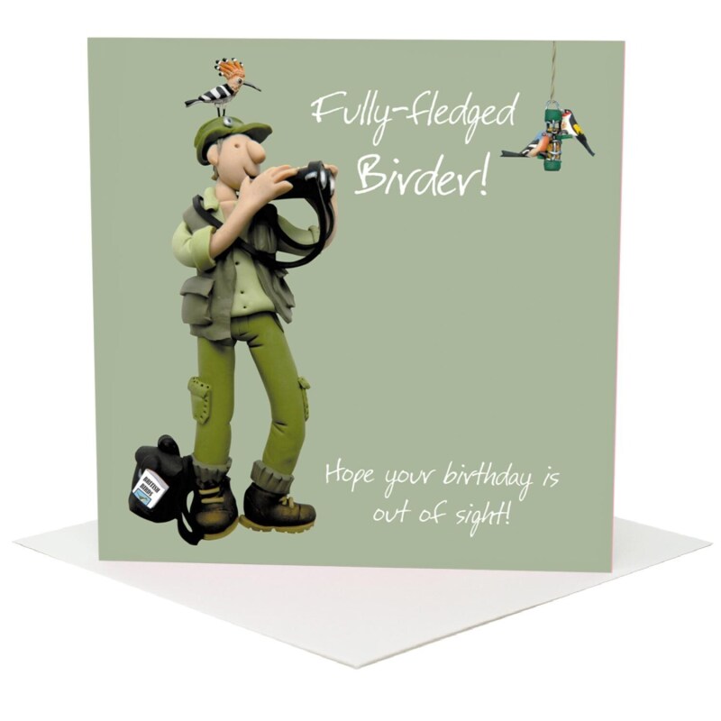 Birder birthday card for a male birdwatcher - designed by Erica Sturla - 15cm square and blank inside, made in the UK