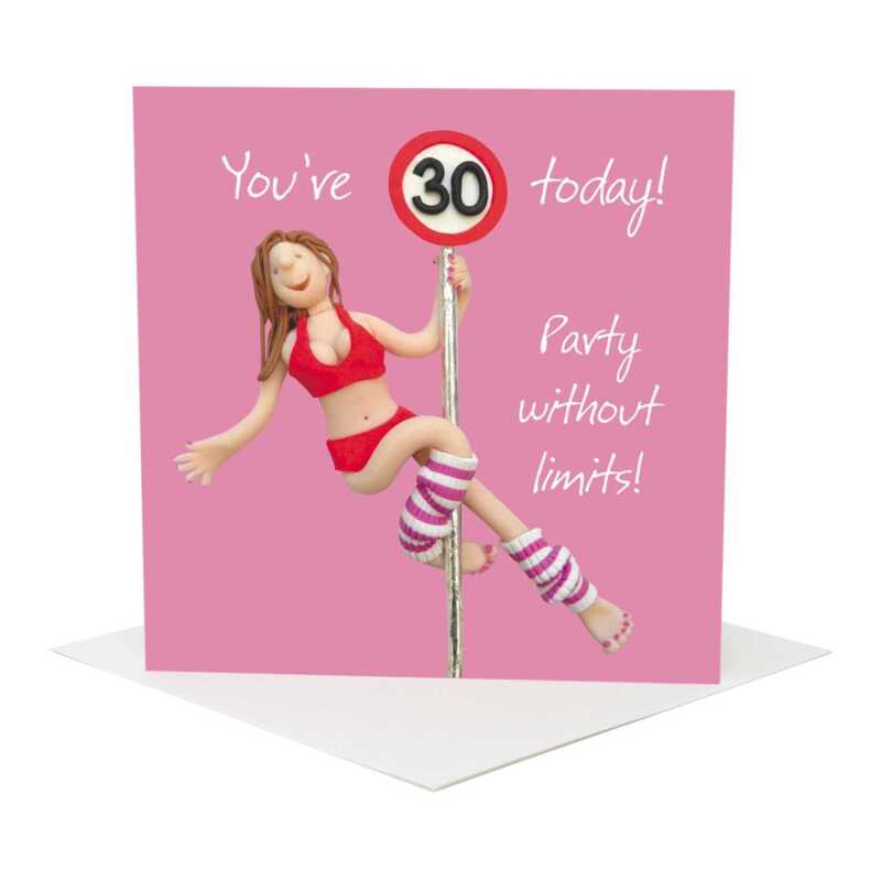 Party without limits 30th birthday card for her - designed by Erica Sturla - 15cm square and blank inside, made in the UK