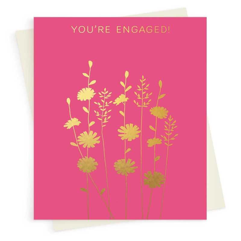 You're engaged card with a pretty gold foil chicory print - designed by artist Eloise Hall - 15.7 x 11cm and blank inside