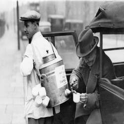 Holy Mackerel coffee to go retro black and white photographic card featuring a vintage image of mobile drinks vending - 12.6 x 17.7cm and blank inside