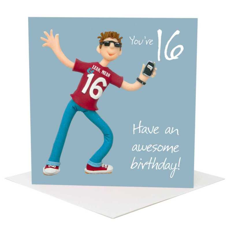 16th birthday card for him - designed by Erica Sturla - 15cm square and blank inside, made in the UK