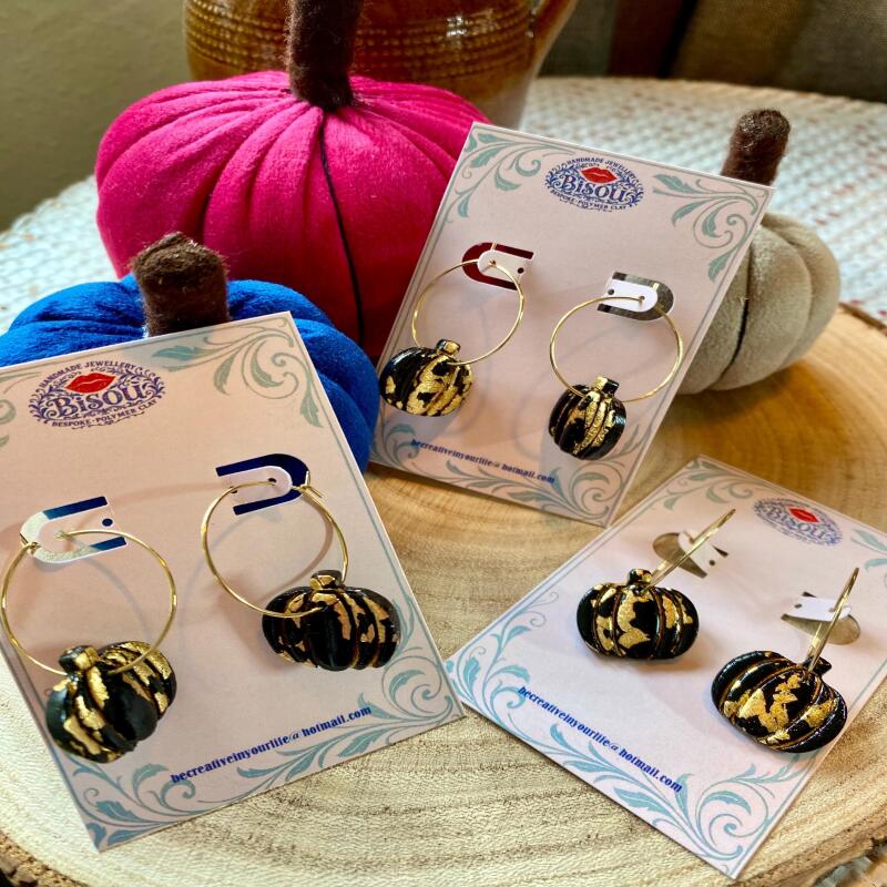 Gold Leaf Pumpkin Earrings, Black Polymer Clay Hoop Earrings