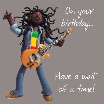 Holy Mackerel wail of a time male reggae themed birthday card for him - designed by artist Erica Sturla - 15cm square and blank inside for your message - made in the UK