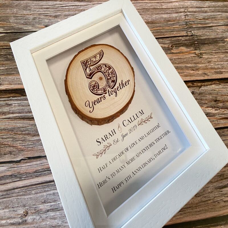 5th anniversary gift - wood. 5th wedding anniversary gift. Personalised 5 year anniversary gift for wife or husband. Fifth anniversary. - White frame
